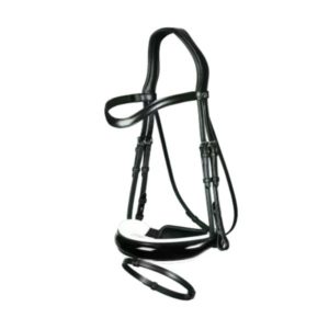 Dy'on Dressage Collection Flat Leather Patent Large Crank Noseband Bridle With White Padding and Flash