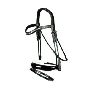 Dy'on Dressage Collection Round Leather Patent Large Crank Noseband Bridle With White Padding And Flash